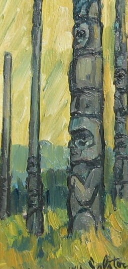 Totems, Kispiox, B.C.: W.H. SCLATER (Canadian, 20th Century) Totems, Kispiox, B.C. Oil on board Signed lower right; titled & dated 1969 verso