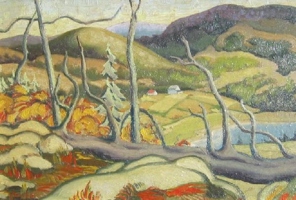 Coastal Farm Landscape: R. BRUCE SUTHERLAND (Canadian, 20th Century) Coastal Farm Landscape Oil on board 6" x 8.75" (15.24 x 22.23cm.) Signed & inscribed verso
