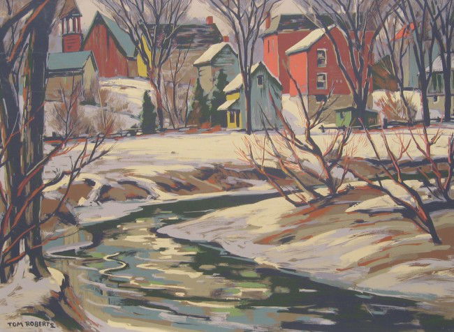 Village in Winter: THOMAS KEITH ROBERTS RCA, OSA (Canadian 1909 - 1998 ) Village in Winter Silkscreen o/bd., from Sampson-Matthews Project 30" x 40" (76.2 x 101.6cm.) Signed in plate; published c. 1947-53 (unframed)