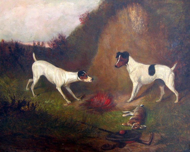 Dogs with Dead Hare, Tam & Cane: COLIN GRAEME ROE (British 1858 - 1910 ) Dogs with Dead Hare, Tam & Cane Oil on canvas laid on board 15.5" x 20" (39.37 x 50.8cm.) Signed lower left & dated 93 (unframed)