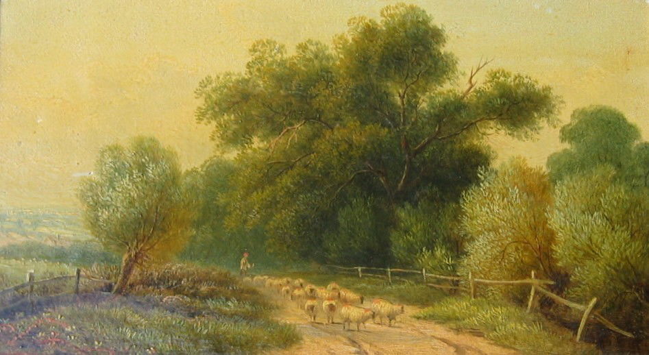 Shepherd & Sheep on Country Lane: BRITISH SCHOOL: 19th CENTURY Shepherd & Sheep on Country Lane Oil on canvas 8" x 14" (20.32 x 35.56cm.) Unsigned
