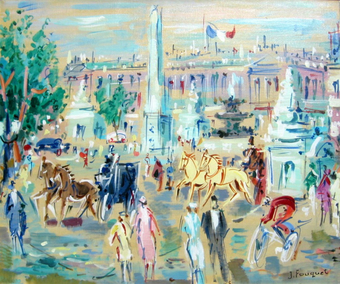 Untitled - Busy Paris Street Scene: JACQUES HENRI FOUQUET (French, 20th Century) Untitled - Busy Paris Street Scene Oil on canvas 18" x 22" (45.72 x 55.88cm.) Signed lower right; signed verso
