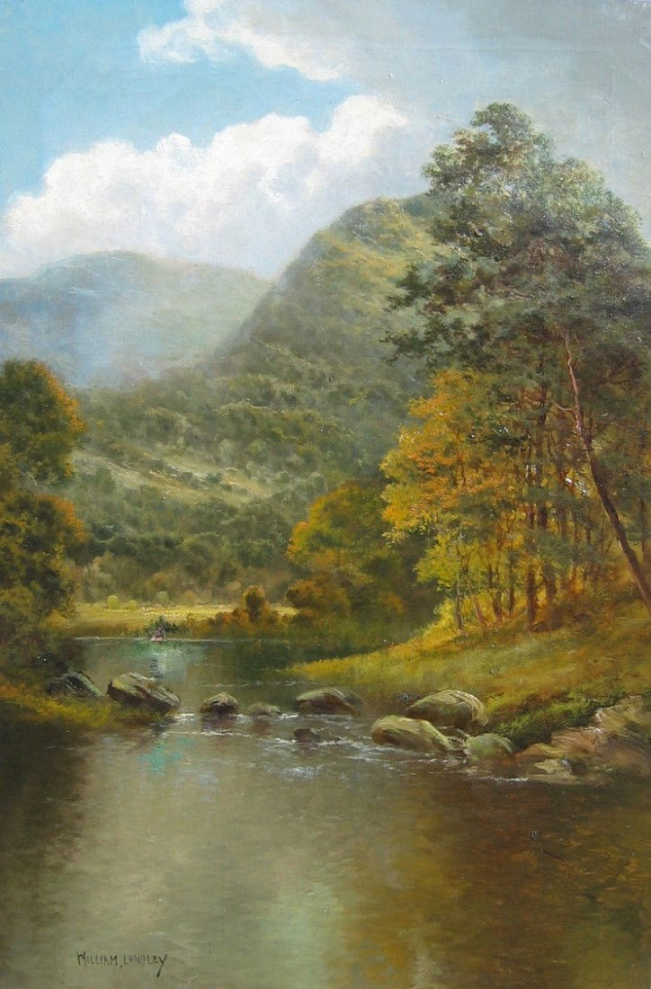 On the River: WILLIAM LANGLEY (British 1852 - 1922 ) On the River Oil on canvas 30" x 20" (76.2 x 50.8cm.) Signed lower left