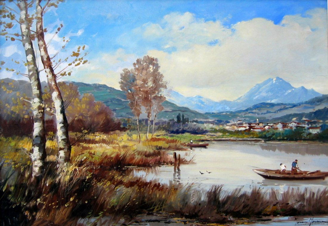 Boatmen on Mountain Lake: MARIANO MORENO (Italian 1912 - ) Boatmen on Mountain Lake Oil on canvas 19" x 27" (48.26 x 68.58cm.) Signed lower right