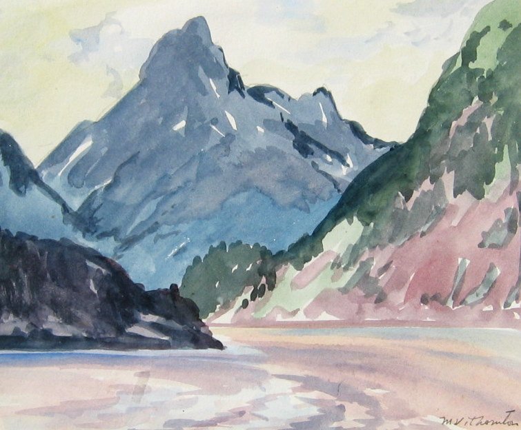 Fraser Canyon: MILDRED VALLEY THORNTON FRSA (Canadian, 1890 - 1967 ) Fraser Canyon Watercolour 6" x 7.5" (15.24 x 19.05cm.) Signed lower right (unframed)