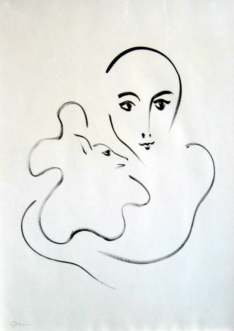 Woman and Dog: JACK NICHOLS (Canadian 1921 - ) Woman and Dog Ink drawing 30" x 22" (76.2 x 55.88cm.)Signed lower left