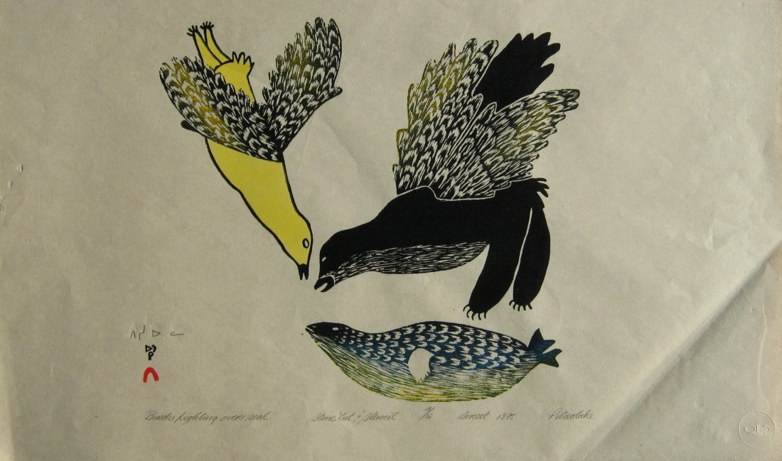 Birds Fighting Over Seal: ASHOONA PITSEOLAK RCA (Canadian 1904 - 1983 ) Birds Fighting Over Seal Stonecut & stencil 14.5" x 24.5" (36.83 x 62.23cm.) Signed lower right; numbered 18/50 & dated 1975 (unframed)