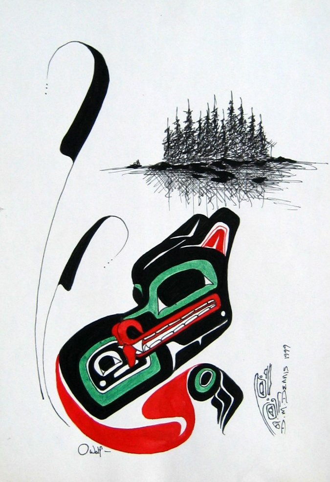 OWolf: DANNY DENNIS (Canadian 1951 - ) OWolf Ink on card stock 11" x 7.5" (27.94 x 19.05cm.) Signed lower right & dated 1999 (unframed)