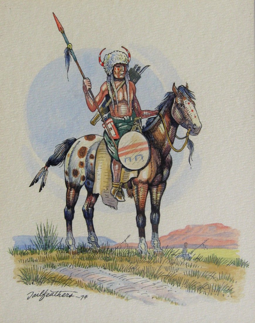 Warrior on Horseback: GERALD TAILFEATHERS (Canadian 1925 - 1975 ) Warrior on Horseback Watercolour 8.5" x 7" (21.59 x 17.78cm.) Signed lower left & dated '74
