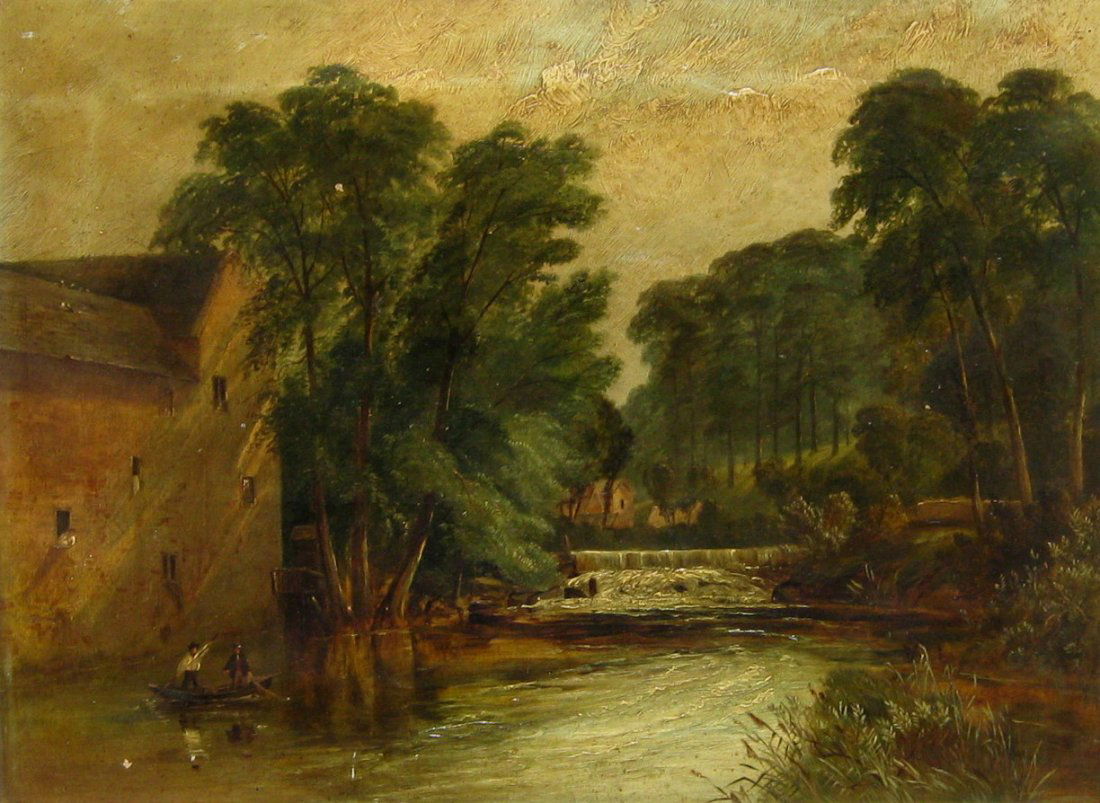 Fisherman before Mill and Waterfall: BRITISH SCHOOL: 19th/20th CENTURY Fisherman before Mill and Waterfall Oil on canvas 16" x 21.5" (40.64 x 54.61cm.) Unsigned