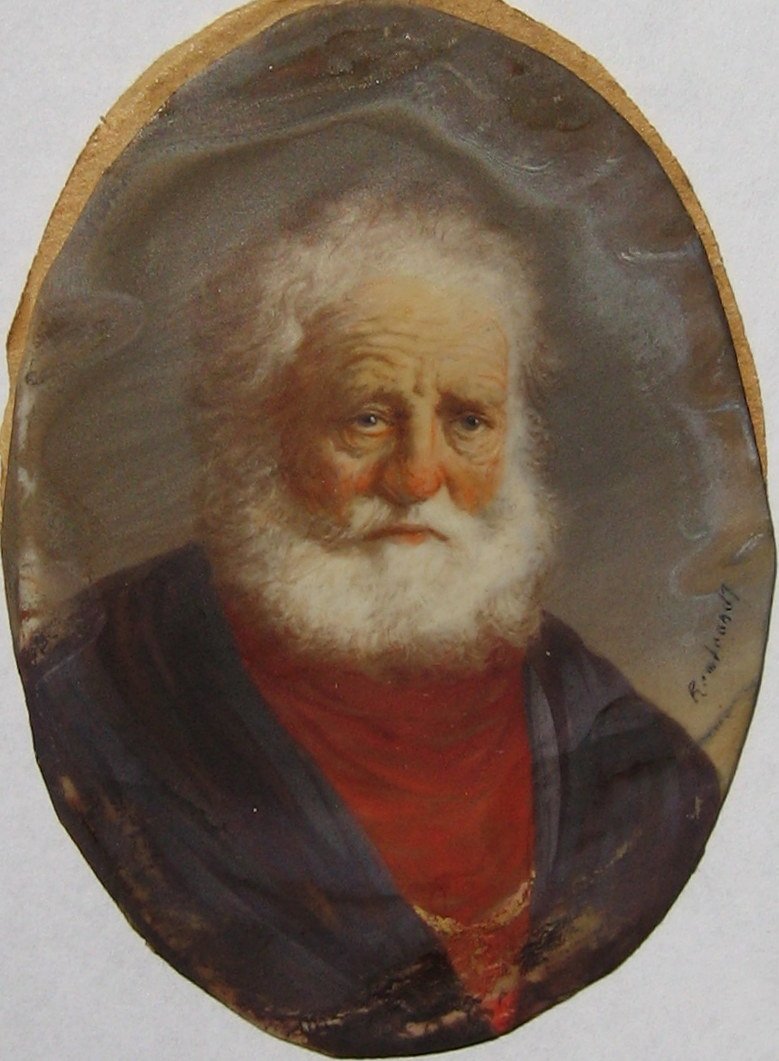 Der Mann mit der Kupfernose: REMBRANDT Der Mann mit der Kupfernose Miniature on ivory 2.5" x 1.75" (6.35 x 4.5cm.) Signed 'Rembrandt'