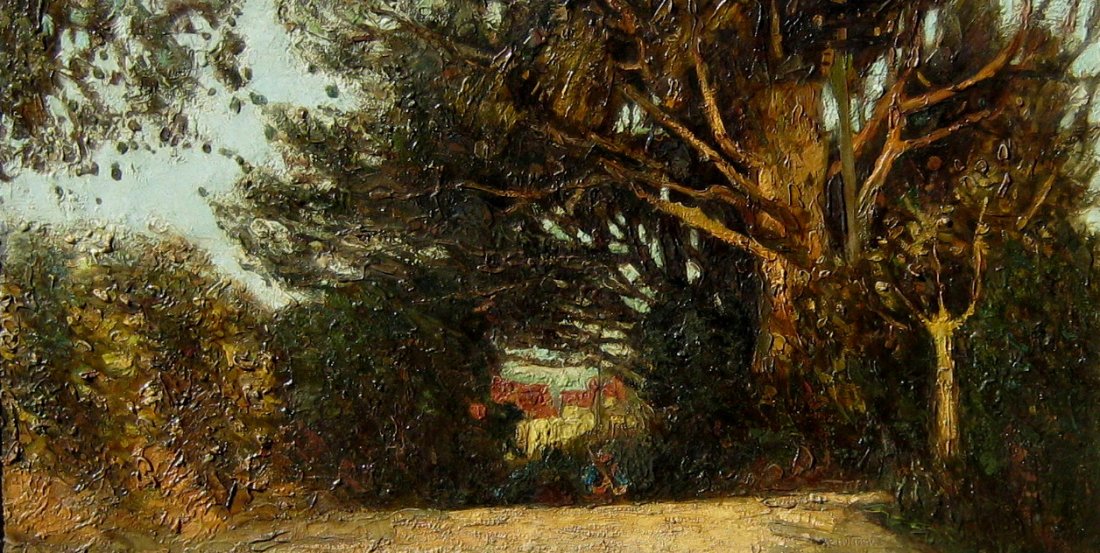 Figure in Country Lane: ALBERT ERNEST BOTTOMLEY (British 1873 - 1950 ) Figure in Country Lane Oil on board 15" x 29" (38.1 x 73.66cm.) Signed lower right