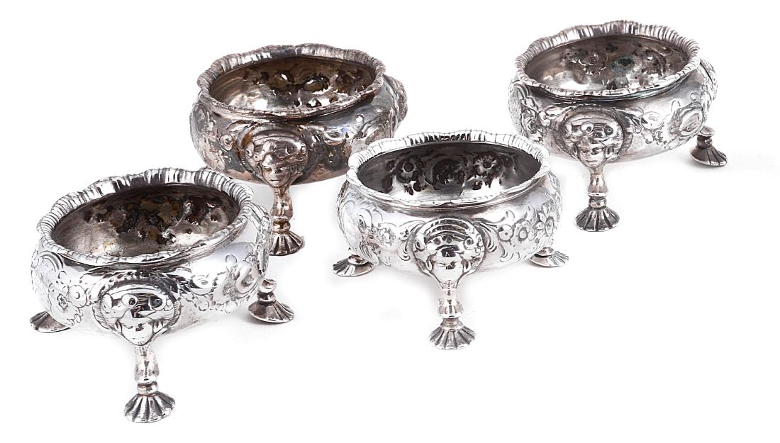 A SET OF FOUR GEORGE II SILVER SALT CELLARS  MAKER’S (1 of 1)
