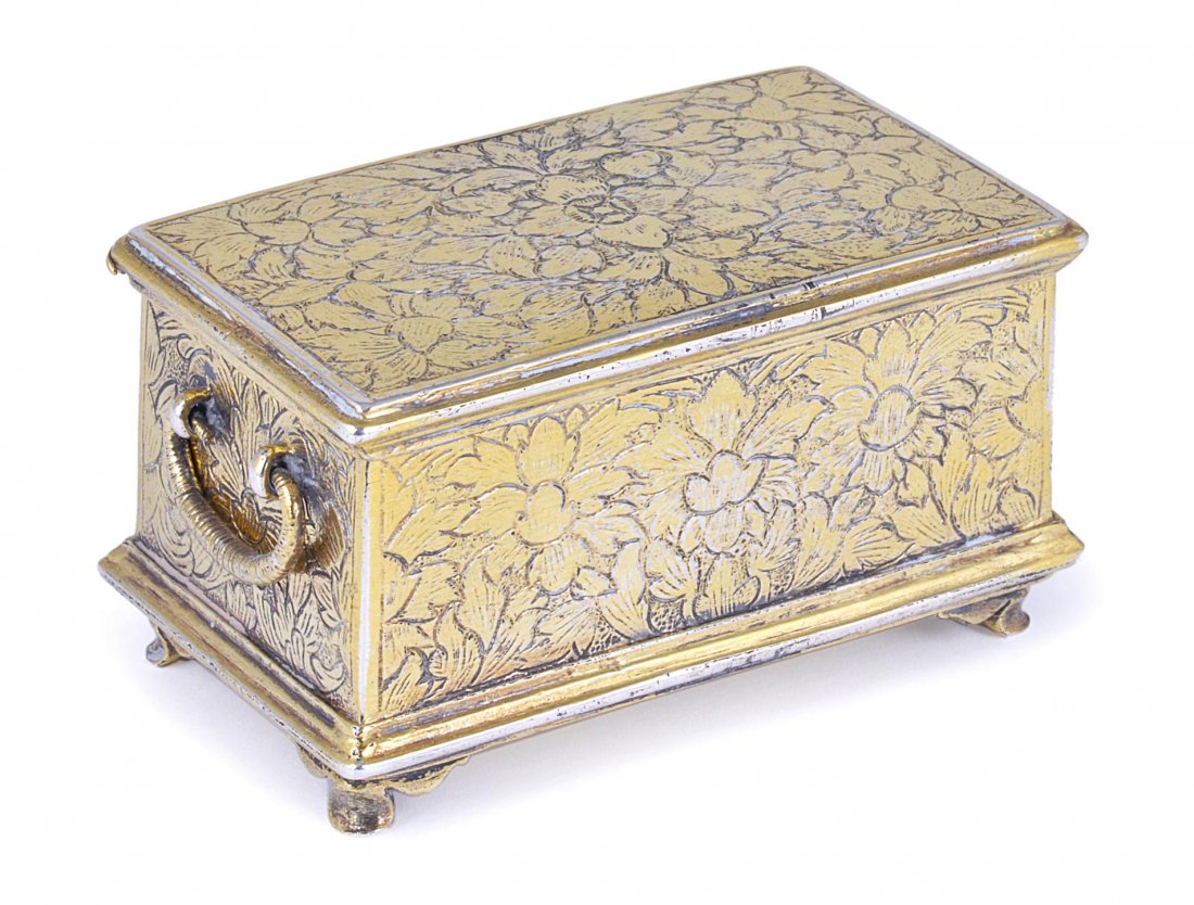 A MINIATURE SILVER-GILT CASKET, UNMARKED, POSSIBLY: A MINIATURE SILVER-GILT CASKET, UNMARKED, POSSIBLY INDIAN OR BATAVIAN, LATE 17TH CENTURY/EARLY 18TH CENTURY rectangular, covered in foliate flat-chasing, with drop loop end handles, on shaped bracket