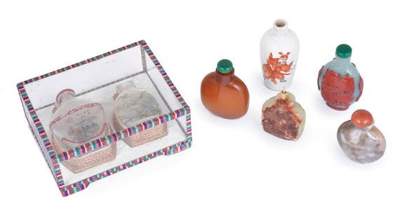 A STUDY COLLECTION OF SNUFF BOTTLES, QING DYNASTY: A STUDY COLLECTION OF SNUFF BOTTLES, QING DYNASTY comprising: a red-overlay turquoise glass bottle, two agate bottles, a celadon jade bottle, two inside-painted glass snuff bottles and an iron-red pai