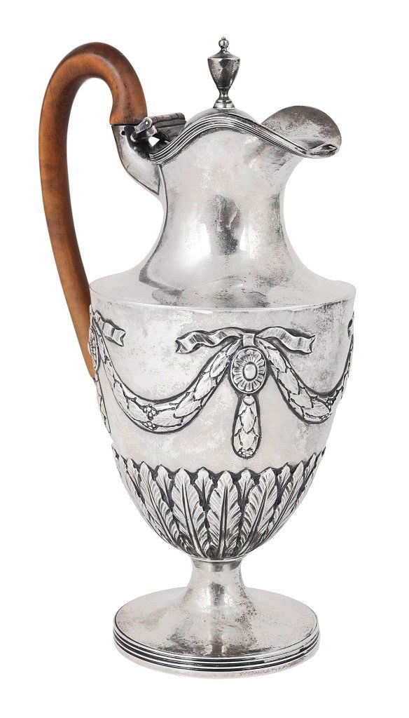 A GEORGE III AND LATER CHASED SILVER HOT WATER JUG,: A GEORGE III AND LATER CHASED SILVER HOT WATER JUG, JOHN EMES, LONDON, 1801 urn shaped, chased with ribbon-tied husk swags above a band of stiff leafage, reeded rims 21.5cm high, 383gr (12oz) includin