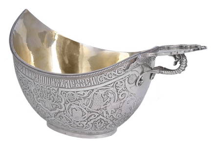 A LARGE SILVER PRESENTATION KOVSH, RUSSIAN STYLE,: A LARGE SILVER PRESENTATION KOVSH, RUSSIAN STYLE, UNMARKED, 20TH CENTURY the double skinned body electrotyped with straps, scrolling foliage and eagles below a cyrillic inscription and beaded rim, the