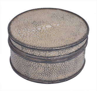 A SILVER-MOUNTED SHAGREEN BOX AND COVER, JOHN PAUL: A SILVER-MOUNTED SHAGREEN BOX AND COVER, JOHN PAUL COOPER (1869-1933), UNMARKED, EARLY 20TH CENTURY circular, applied with silver ropetwist and wire bands, walnut carcass 7.3cm diameter Cooper was a w