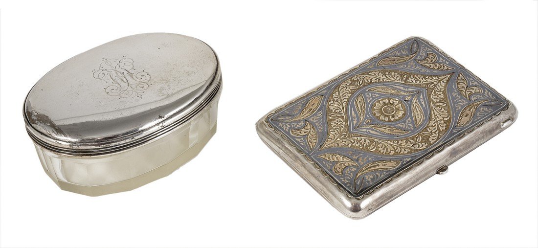 A RUSSIAN TOILET BOX WITH SILVER COVER oval faceted: A RUSSIAN TOILET BOX WITH SILVER COVER oval faceted glass, silver cover with reeded sides and monogrammed initial, marked FR (Cyrillic), St Petersburg 1882-1899, 9.2cm long; together with a Soviet sil