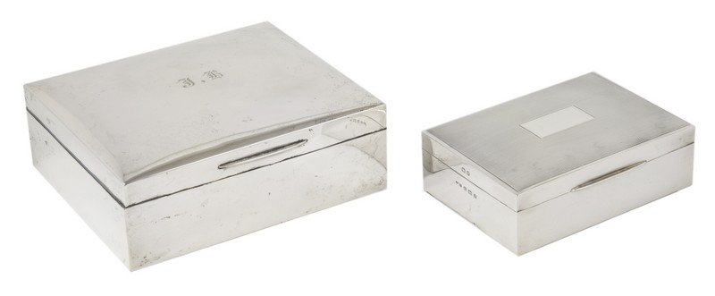 TWO SILVER CIGARETTE BOXES, ONE GOLDSMITHS &: TWO SILVER CIGARETTE BOXES, ONE GOLDSMITHS & SILVERSMITHS CO LTD, LONDON, CIRCA 1910, THE OTHER J. GLOSTER LTD, BIRMINGHAM, 1937 rectangular, the first engraved with the initials JB, the second with e