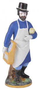 A RUSSIAN PORCELAIN FIGURE OF A GLAZIER, GARDNER: A RUSSIAN PORCELAIN FIGURE OF A GLAZIER, GARDNER PORCELAIN MANUFACTORY, 1830s-1840s wearing a white apron, tall boots, blue striped trousers and top hat, his coat originally white but later