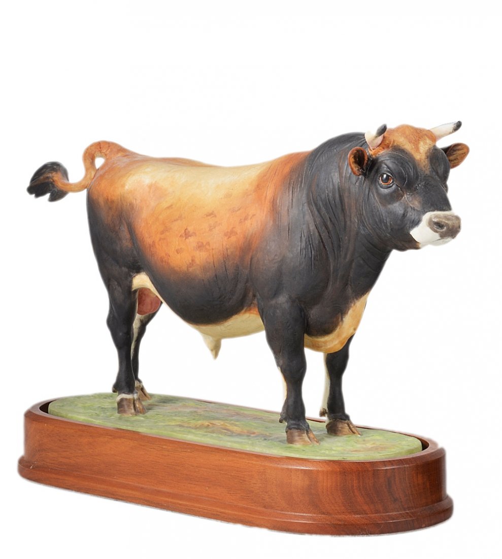 A ROYAL WORCESTER 'JERSEY BULL' FIGURE, MODELLED BY: A ROYAL WORCESTER 'JERSEY BULL' FIGURE, MODELLED BY DORIS LINDNER (1896-1979), 1965 oval base in hardwood stand, black printed mark and title, edition limited to 500 20cm high overall Miss Lindner's m