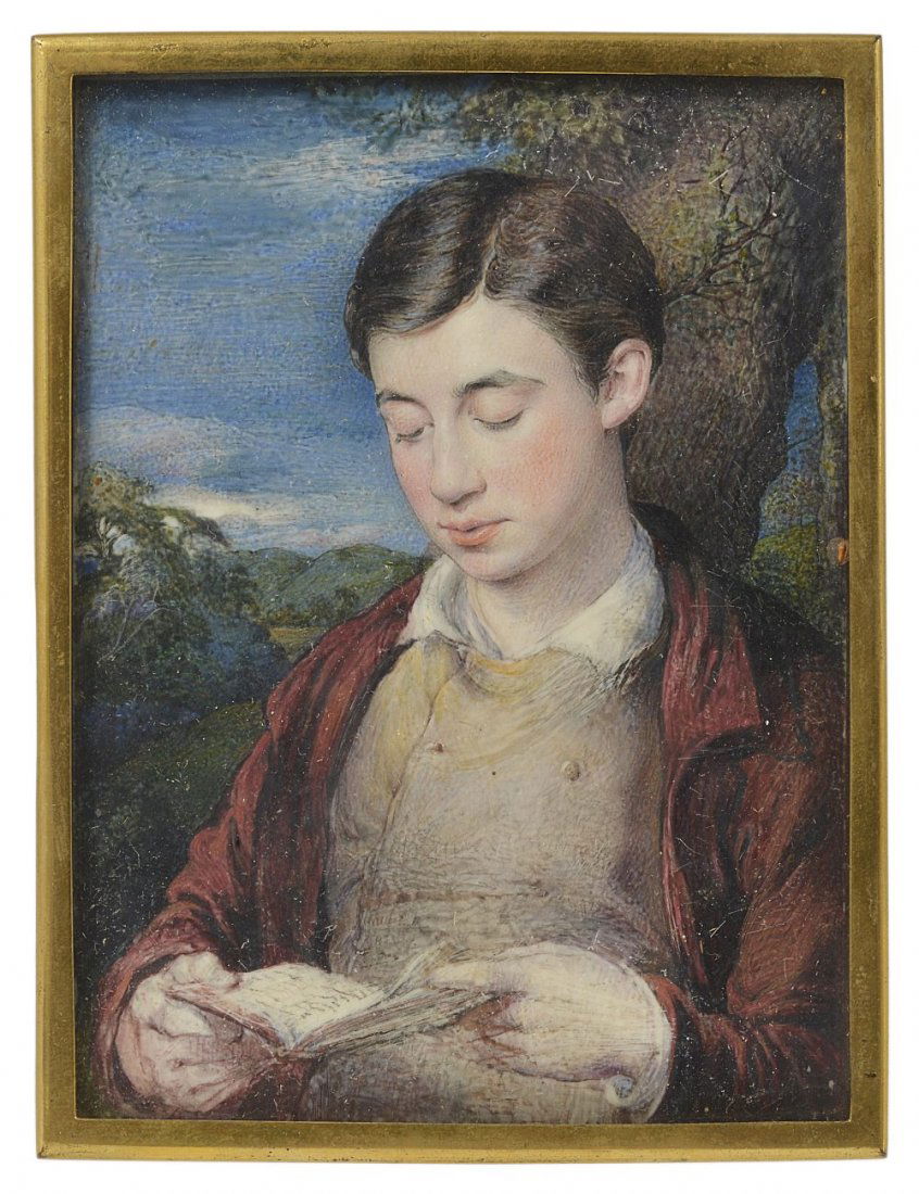 A PORTRAIT MINIATURE OF WELBY SHERMAN, BY GEORGE: A PORTRAIT MINIATURE OF WELBY SHERMAN, BY GEORGE RICHMOND (1809-1896), CIRCA 1827 in a landscape reading a book, with dark hair, red coat, buff waistcoat and white shirt, on ivory, the backboard with