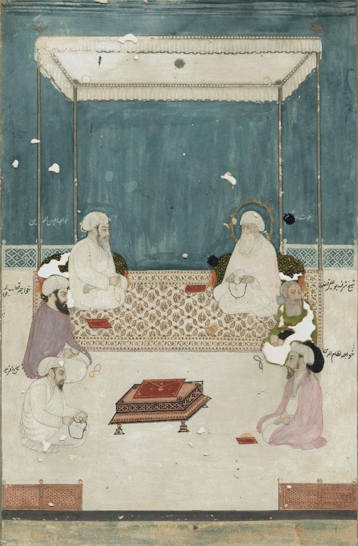 A GROUP OF MUGHAL SAINTS, DELHI, INDIA, CIRCA 1800: A GROUP OF MUGHAL SAINTS, DELHI, INDIA, CIRCA 1800 gouache with gold on paper, the six men depicted seated under a canopy on a terrace, each figure labelled in nastaliq script, red border 310 x 203mm 