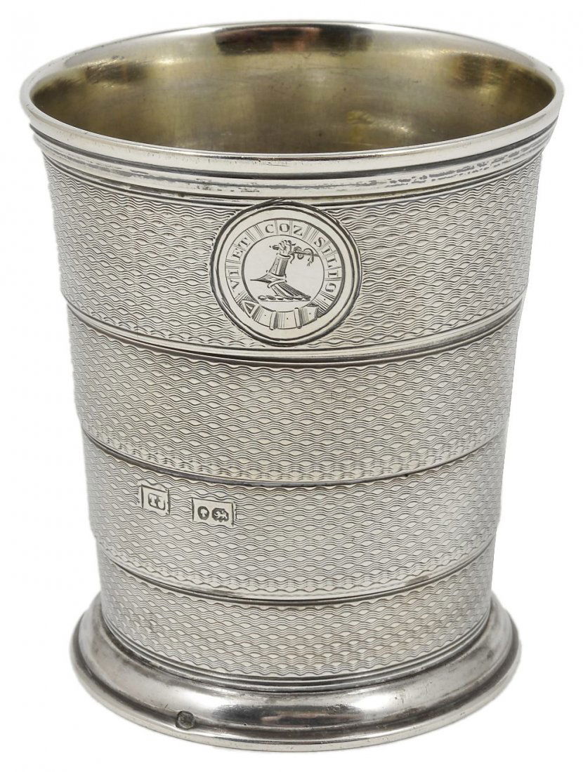 A VICTORIAN SILVER COLLAPSIBLE BEAKER, THOMAS JOHNSON,: A VICTORIAN SILVER COLLAPSIBLE BEAKER, THOMAS JOHNSON, LONDON, 1864 tapering cylindrical, of four engine-turned sections, the top section engraved with a crest and garter motto, with screw-on domed ri