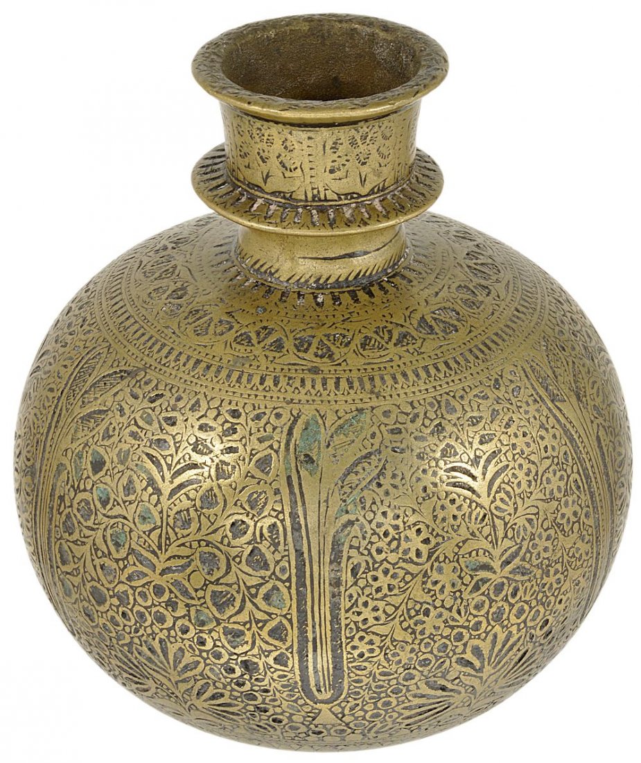 A MUGHAL BRASS HUQQA BOTTLE, PROBABLY LAHORE, INDIA: A MUGHAL BRASS HUQQA BOTTLE, PROBABLY LAHORE, INDIA (NOW PAKISTAN), CIRCA 1700 of globe shaped form, the sides profusely decorated in a repeating pattern with stylised leafy plants, the design incised