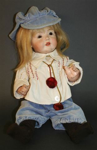 doll "Hilda": manufacturer J.D. Kestner, big doll mit sleeping eyes, long blond hair, light blue pants, blue cap, H=52,0cms, est. 1914 German Translation: Puppe "Hilda" von J.D. Kestner, grosse Puppe mit bewegliche