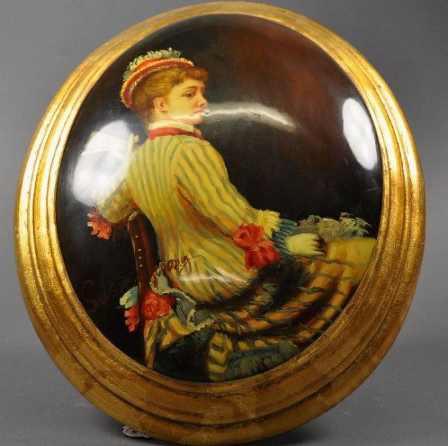 Lacquer painting ''Lady in Biedermeier-Costume": oil on an oval bellied wooden plaque, signed lower left L = 32,0 B = 27,0 cm Description German: Lackmalerei, ''Feine Dame im Biedermeierkostüm'', auf oval gebauchter Holzplakette, l.u. sign. L= 