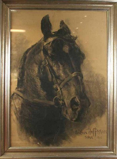 Anton Hoffmann (1863-1938) "Portrait of a Horse", : Hoffmann, Anton (1863-1938), "Pferdeportrait", re.u.signiert gerahmt, hinter Glas, dieses beschädigt H=67,0 B=48,0cm