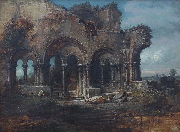 VON LENBACH, Franz Seraph (1836 Schrobenhausen -19: VON LENBACH, Franz Seraph (1836 Schrobenhausen -1904 München) 'Italienische Landschaft mit mächtiger Temepelruine', Öl auf Leinwand -ein frühes Werk des bedeutenden Münchner Malers. Sehr feinsinn