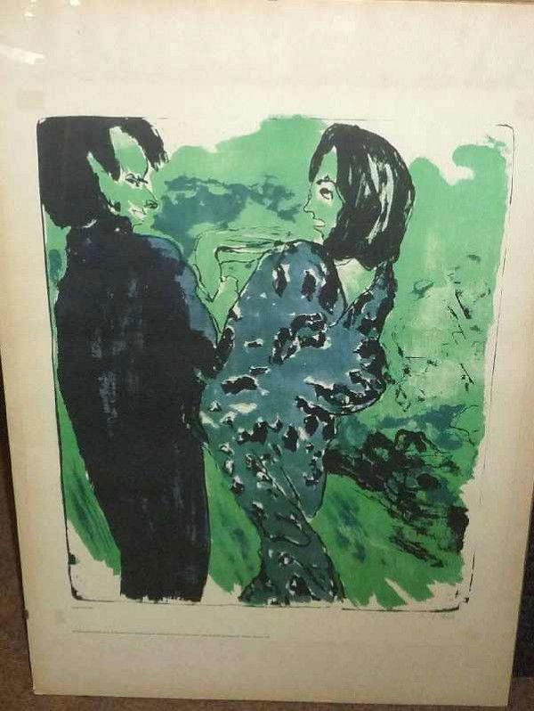 Druck einer Lithografie von Emil Nolde, handsignie: Druck einer Lithografie von Emil Nolde, handsigniert in Blei, re. u., Titel: Junge Liebe, 1913, im rahmenlosen Glas- halter. Gedr. ca. 1976