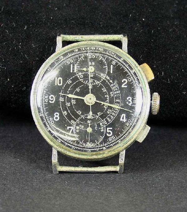 Fliegeruhr, Chronograph, Zifferblatt schwarz, Größ: Fliegeruhr, Chronograph, Zifferblatt schwarz, Größe unisex, Cal Venus 170, ohne Armband, funktionsfähig, ehemaliger Pilot einer JU-52 (lt. Einlieferer)
