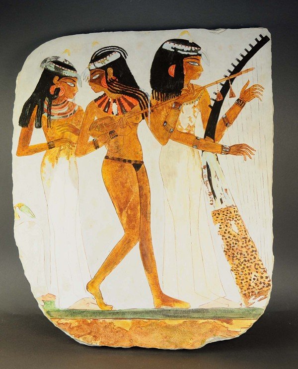 Limestone plateau, Egyptian motif, harp players: Limestone plateau, Egyptian motif, harp players, polychrome painting, H = 60.0, W = 49.0 cm Kalksteintafel, ägyptisches Motiv, Harfespielerinnen, polychrome Malerei, H = 60,0, B = 49,0 cm
