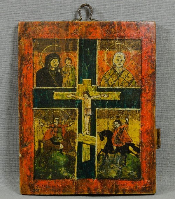 Four-field icon, crucifixion of Christ, Mother of God o: Vier-Felder-Ikone, Kreuzigung Christi, Gottesmutter von Kasan, Nikolaus, Michael, St. Georg, Demetrios, auf gebogener Holztafel, sehr stark restauriert, weiterer Bedarf, auf Wunsch mit schriftlicher E