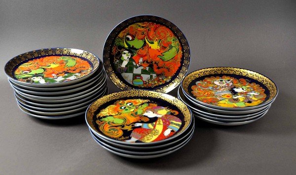 19 collection plate, "Aladdin and the Wonderful Lamp," : 19 Sammelteller, "Aladdin und die Wunderlampe", aus dem Rosenthal Sammelprogramm, Wandbefestigung, einige Modelle doppelt, einige 2. Wahl, bodenseitig gemarkt, Rosenthal studio-linie, Dekor: Björn Wi