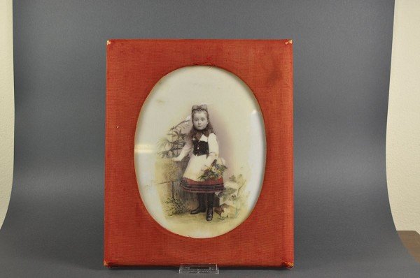 Hand colored old photo portrait on milk glass plate: Hand colored old photo portrait on milk glass plate old frame, frame addition, representation of a girl with basket of flowers Image: H = 26.5 W = 20.0 cm Altes handcoloriertes Fotoportrait auf Milchg