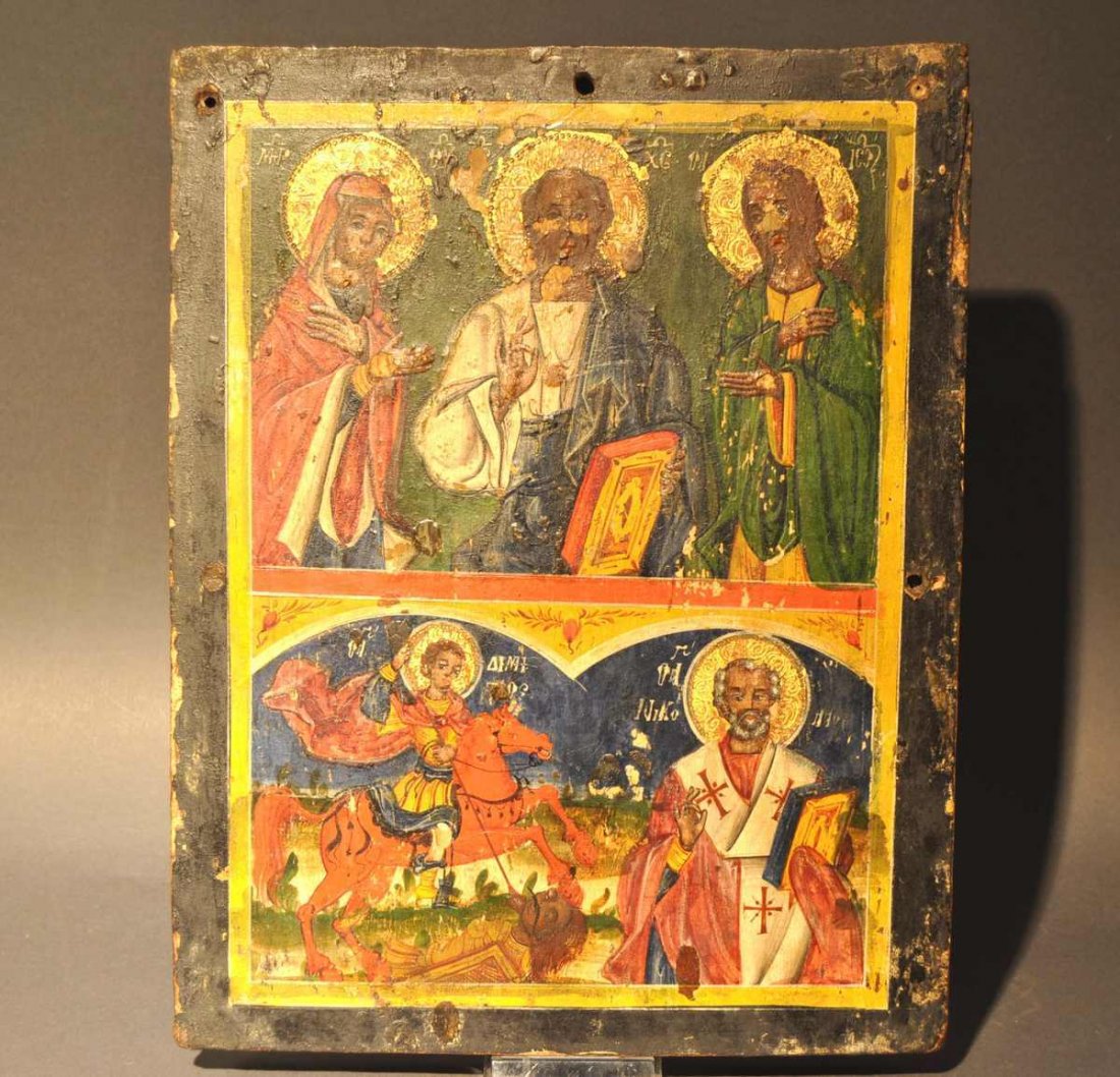Ancient Greek icon, in 1800, two-field type, the u: Ancient Greek icon, in 1800, two-field type, the upper field representation Deesis with Mary, Jesus Christ, John. The lower field Demetrius and Nicholas. On wood, tempera. antike griechische Ikone, um