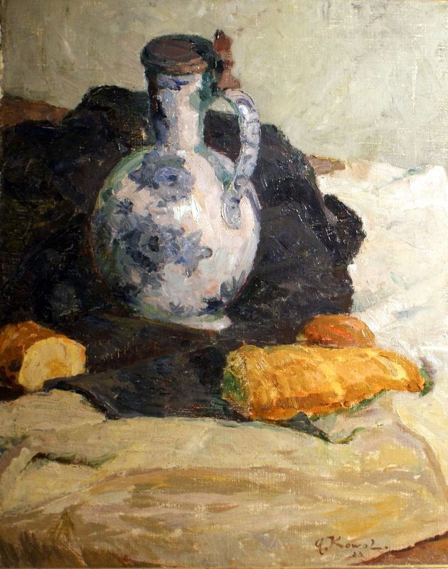 Pasty still life, wine jug and bread sign. A. Kow: Pasty still life, wine jug and bread sign. A. Kowol 23, Oil / canvas, framed, 20 Century, 57 x 46 cm Pastoses Stillleben, Weinkrug und Brot, sign. A. Kowol 23, Öl/Leinwand, gerahmt, 20. Jh, ca. 57 x