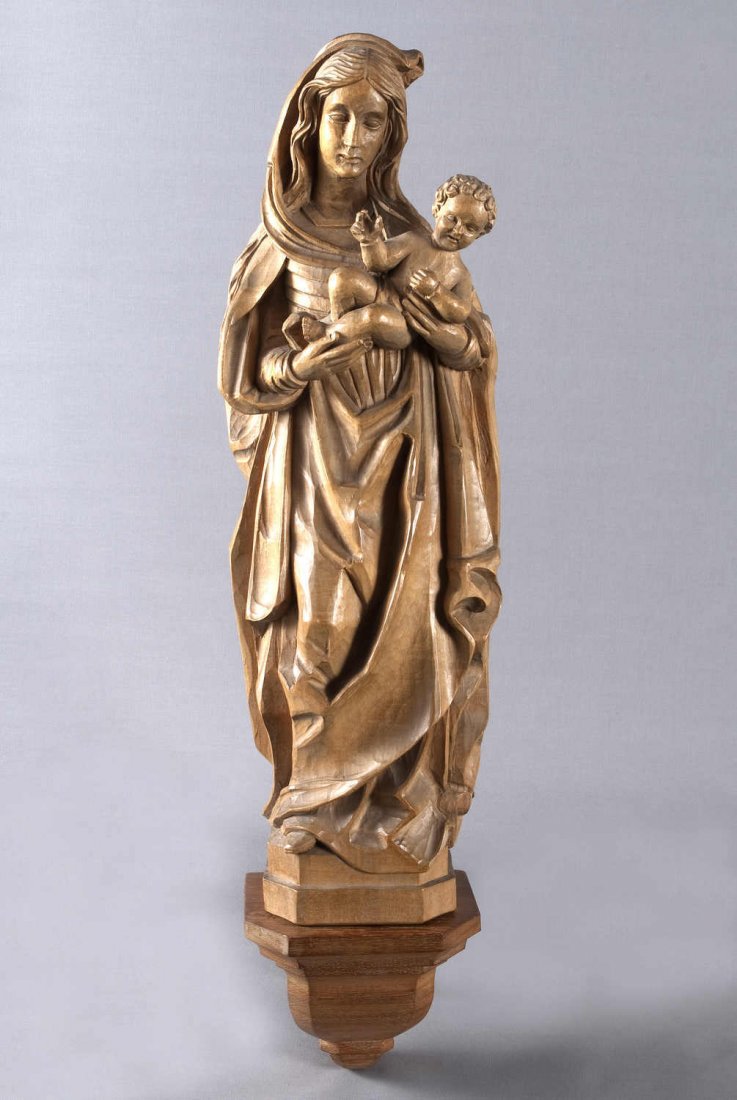 Hand carved Madonna with Infant Jesus, linden wood, : Hand carved Madonna with Infant Jesus, linden wood, glazed, fine execution of the details, the bottom JM monogrammed and dated 1965, on base and wall bracket. South Tyrol / Val Gardena. Madonna H = 54