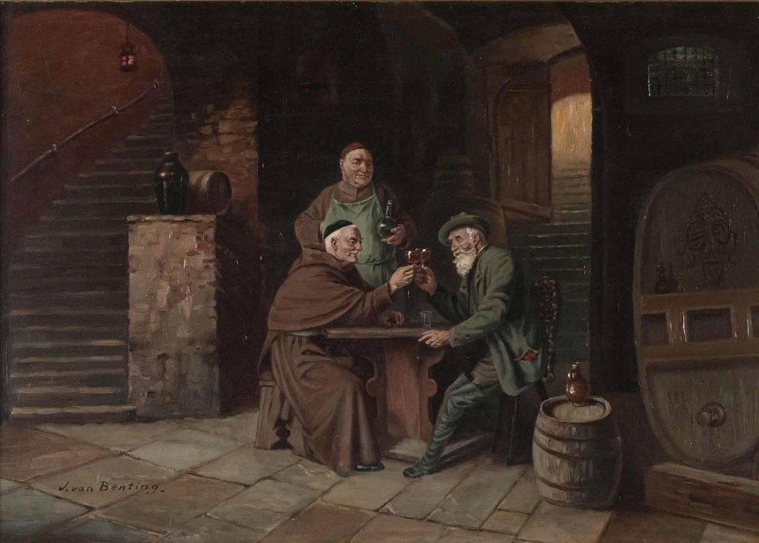 Benting van, J., "The wine cellar" oil / canvas bo: Benting van, J., "The wine cellar" oil / canvas board, li. and signed, J. van Benting, typical painting in the style of the time, German 1960/70 paintings. H = 58.0 B = 82.0 cm Frame: H = 80.0, B = 10