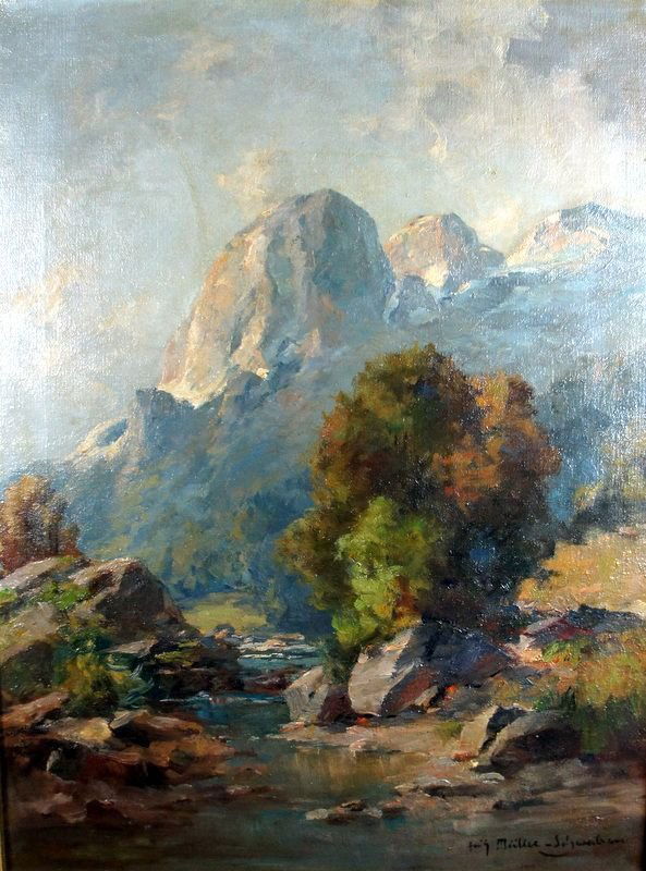 Fritz Muller-Schwaben "Mainz 1879 - 1957 Gauting": Fritz Muller-Schwaben "Mainz 1879 - 1957 Gauting" On mountain, sign. Fritz Muller-Schwaben, oil / canvas, framed, 80 x 60 cm Fritz Müller-Schwaben "1879 Mainz - 1957 Gauting", Am Gebirgsbach, sign. F