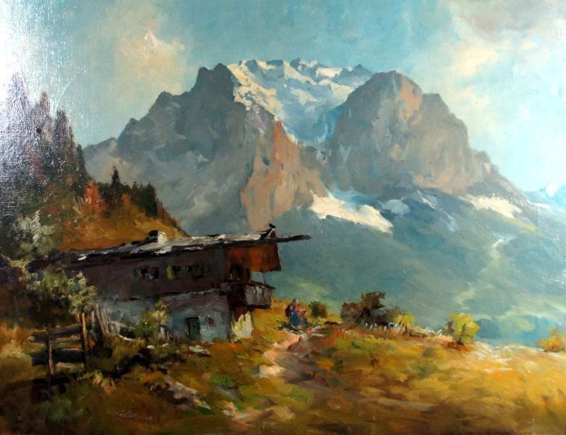 Fritz Muller-Schwaben "Mainz 1879 - 1957 Gauting": Fritz Muller-Schwaben "Mainz 1879 - 1957 Gauting" farm in the mountains, sign. Fritz Muller-Schwaben, oil / canvas, framed, 60 x 80 cm, center kl. Vacancy Fritz Müller-Schwaben "1879 Mainz - 1957 Gau