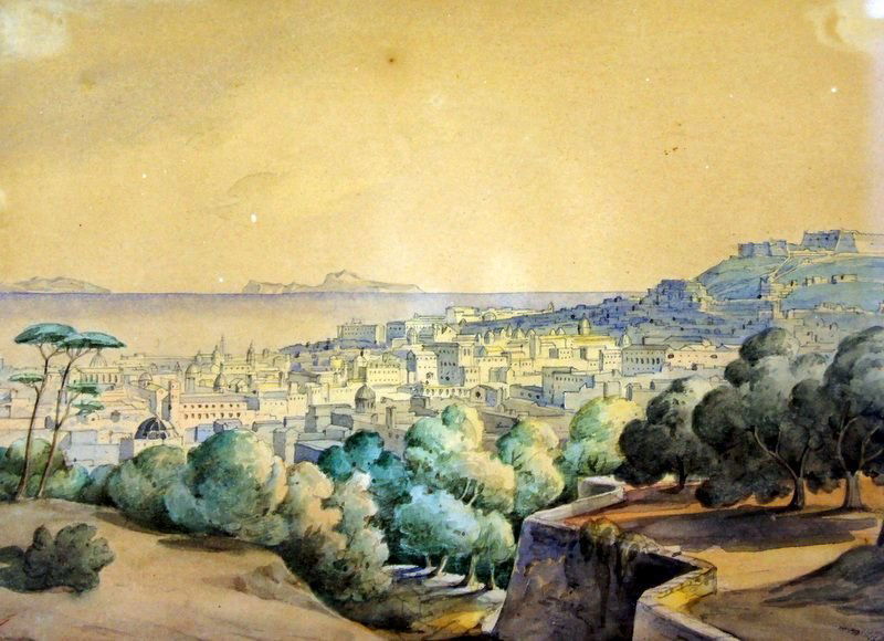 Watercolor, southern city view at the sea, back.: Watercolor, southern city view at the sea, back. bez. Carl Rottmann / Munich, framed under glass, 17 x 23 cm Aquarell, südliche Stadtansicht am Meer, rücks. bez. Carl Rottmann/München, gerahmt unte