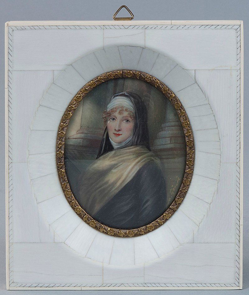 Portrait of a Lady, miniature painting in tempera: Portrait of a Lady, miniature painting in tempera on ivory, mammoth ivory handcrafted frame. Handmade according to CITES regulations. H = 14.0 W = 12.0 cm Portrait einer Dame, Miniatur Lupenmalerei in