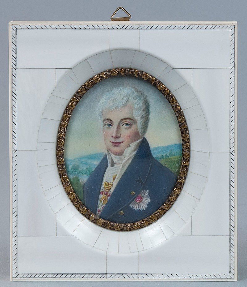 Portrait "Prince Metternich," miniature painting i: Portrait "Prince Metternich," miniature painting in tempera on ivory, mammoth ivory handcrafted frame. Handmade according to CITES regulations. H = 14.0 W = 12.0 cm Portrait "Fürst von Metternich", M