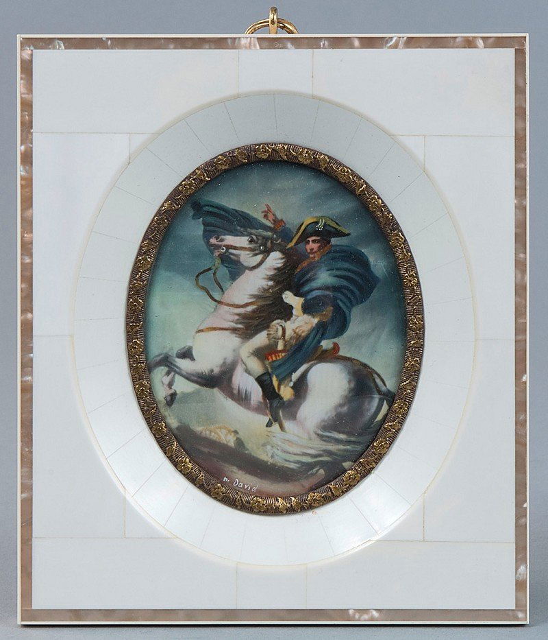 Portrait "Napoleon on horseback", miniature painti: Portrait "Napoleon on horseback", miniature painting in tempera on ivory, mammoth ivory handcrafted frame. Handmade according to CITES regulations. H = 14.5 W = 12.0 cm Portrait "Napoleon auf dem Pfer